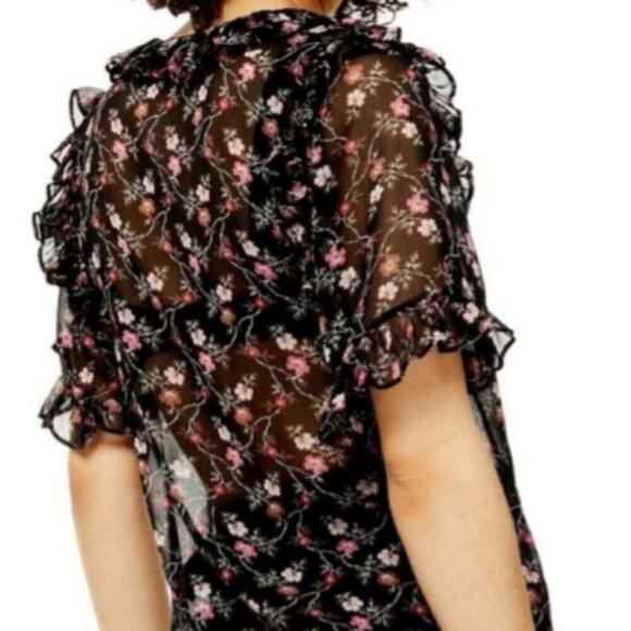 Topshop Black Floral Semi Sheer Blouse Size 4 - Picture 2 of 9
